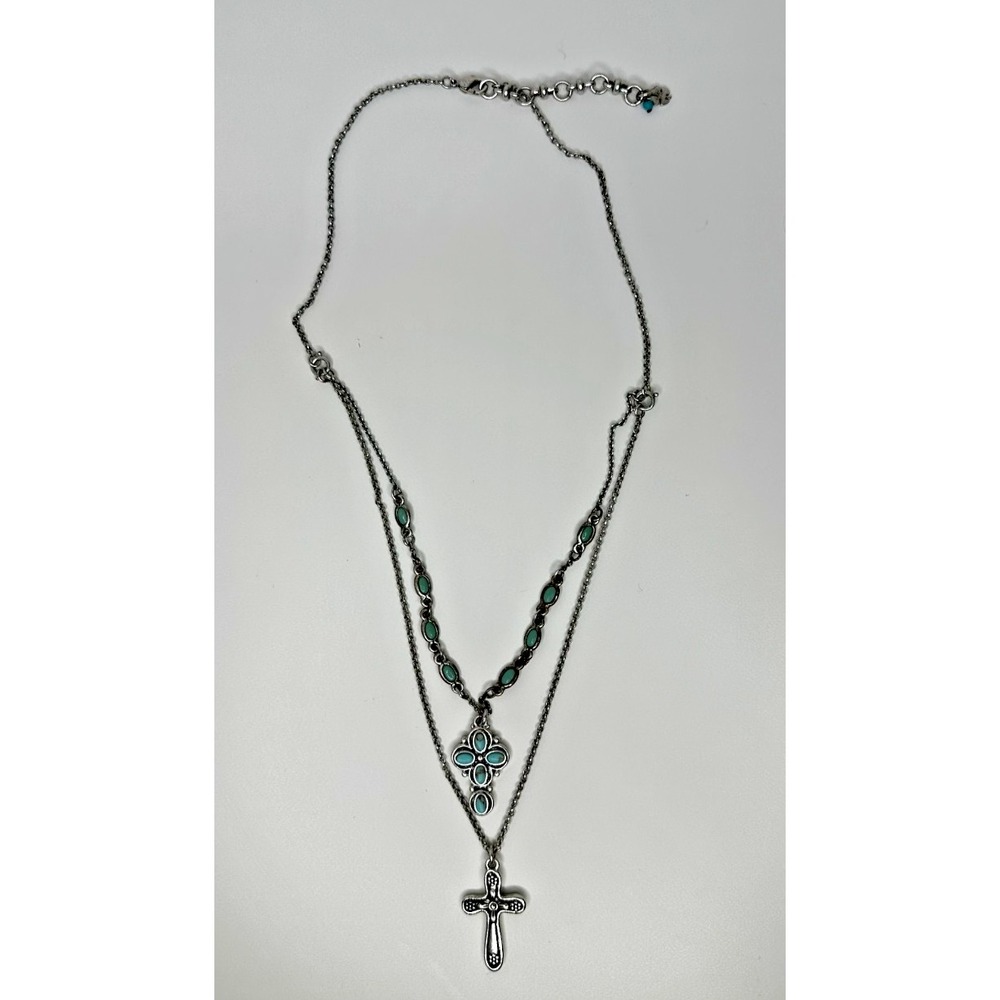 Lucky Brand Necklace Cross Faux Turquoise Silver Tone Layered Boho Adjustable